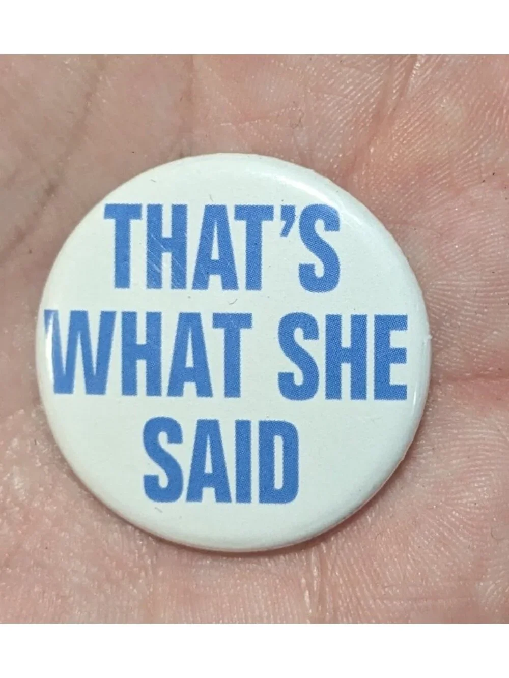Y2K Snarky Novelty That's What She Said Pinback Button Blue White